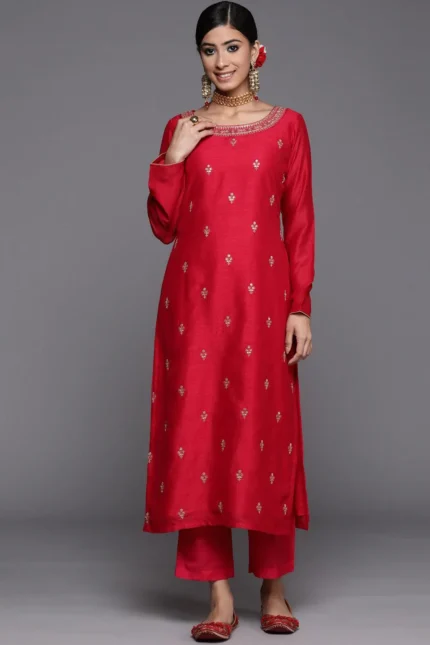 Magenta Solid Silk Straight Kurta
