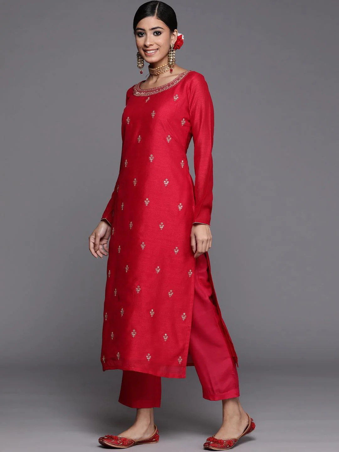Magenta Solid Silk Straight Kurta - Image 3