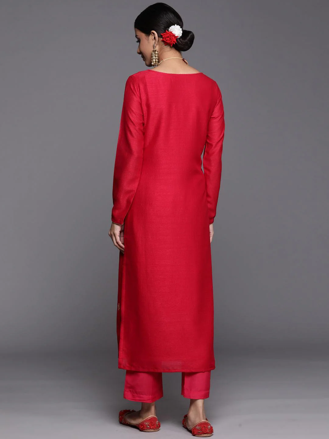 Magenta Solid Silk Straight Kurta - Image 4