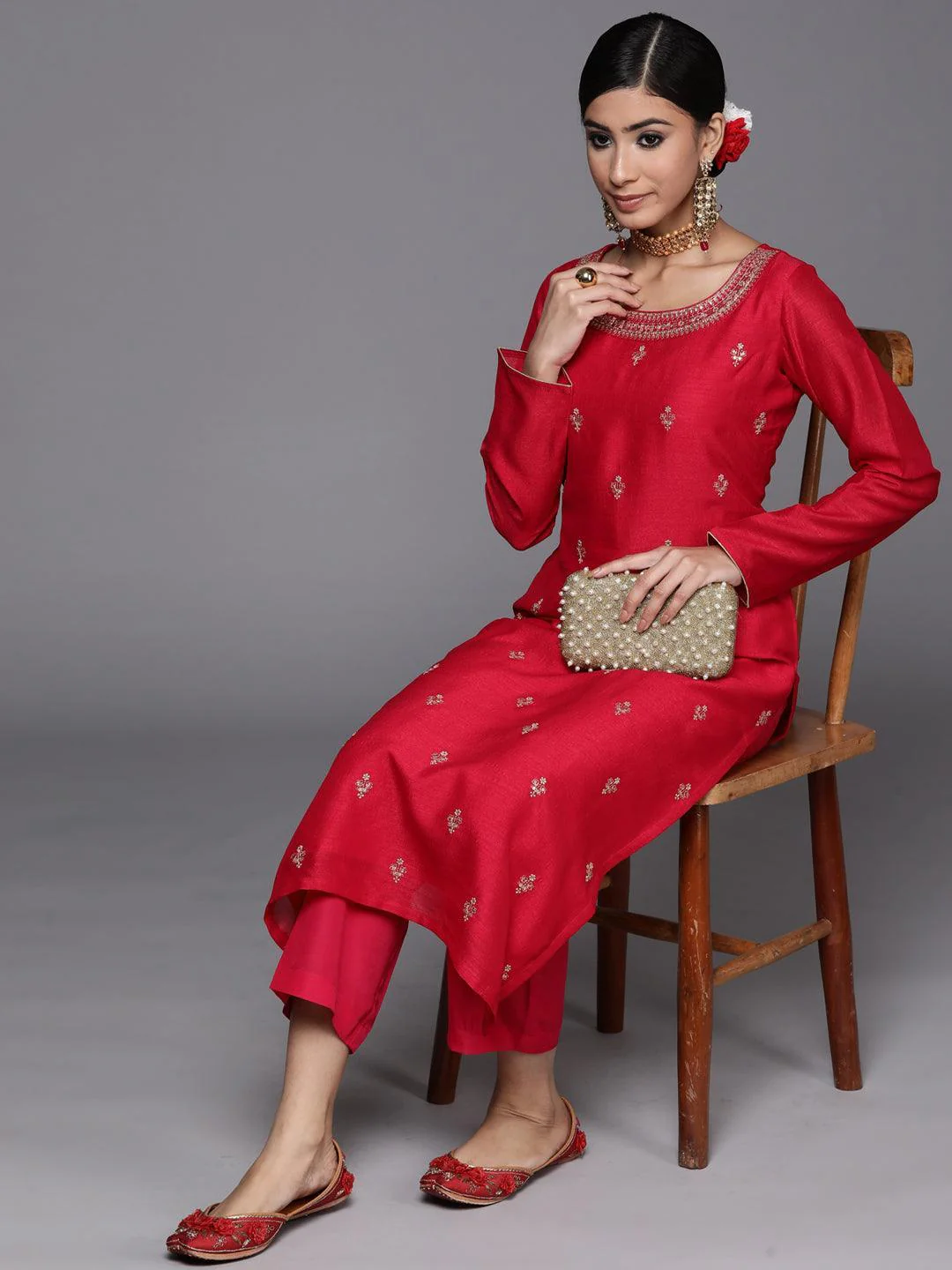 Magenta Solid Silk Straight Kurta - Image 5