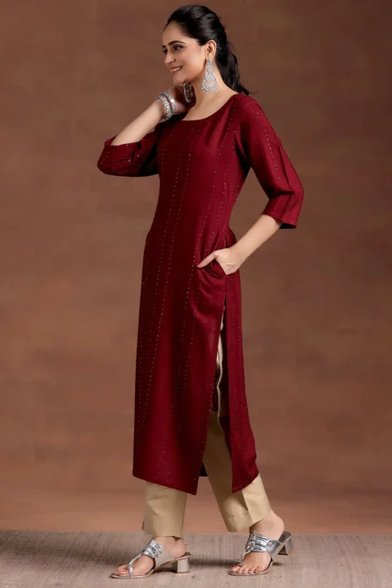 Red Woven Design Rayon Straight Kurta