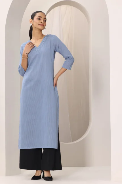 Blue Printed Cotton Straight Kurta