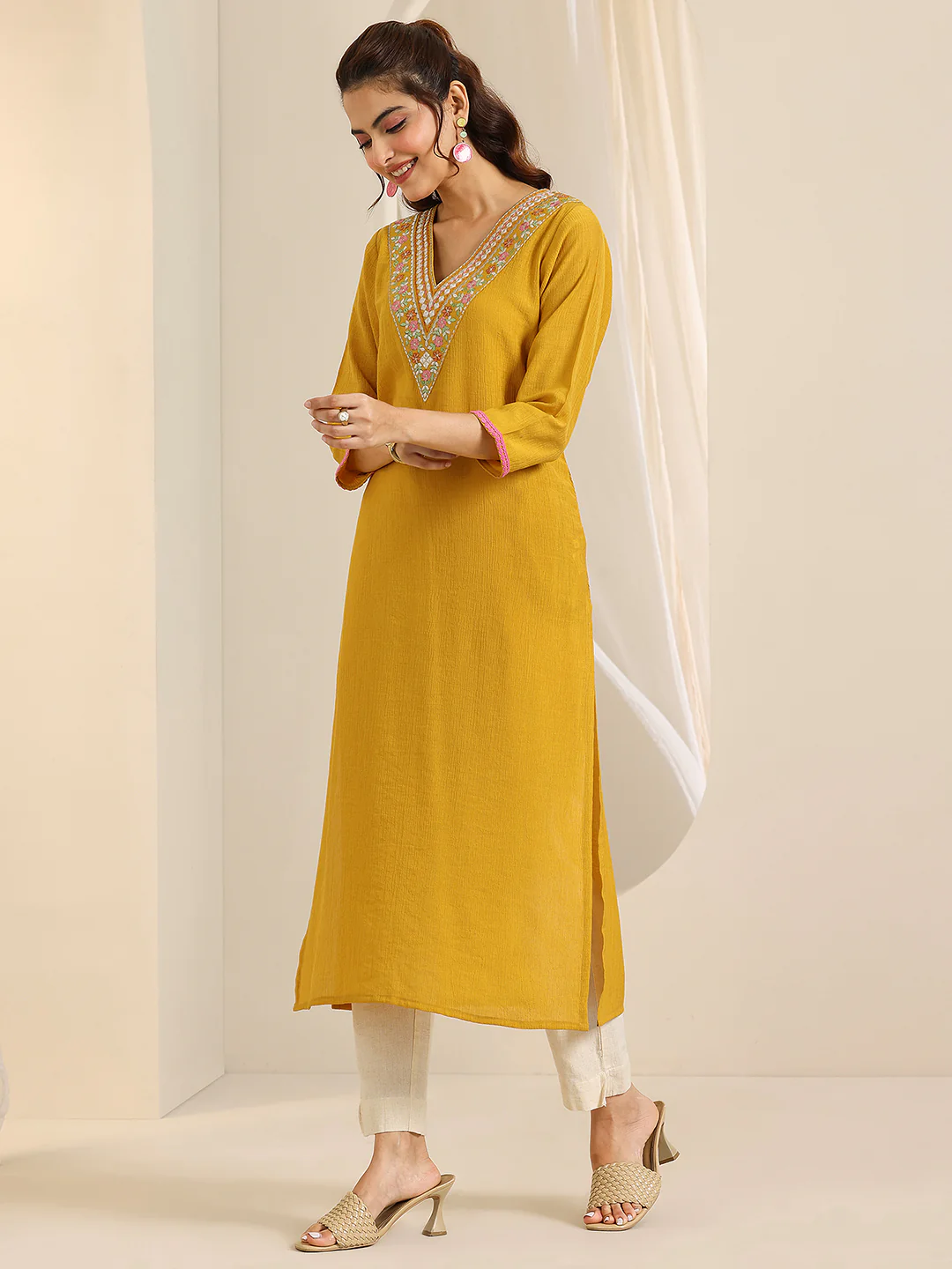 Mustard Yoke Design Silk Blend Straight Kurta - Image 6