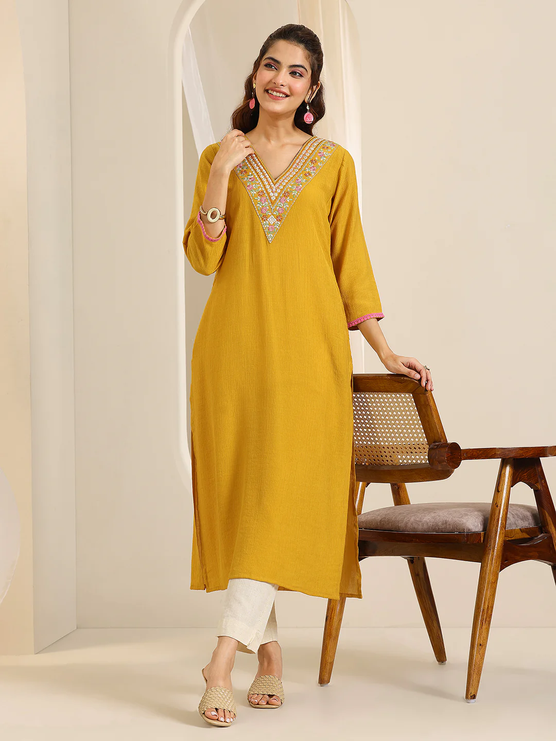 Mustard Yoke Design Silk Blend Straight Kurta - Image 7