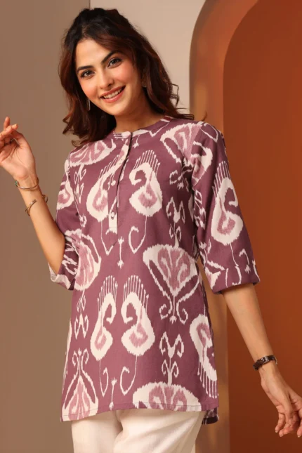Rust Printed Cotton Straight Short Kurti