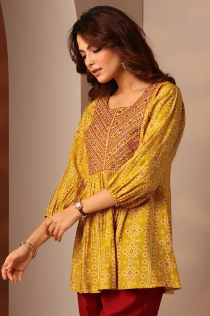 Mustard Printed Silk Blend Anarkali Short Kurti