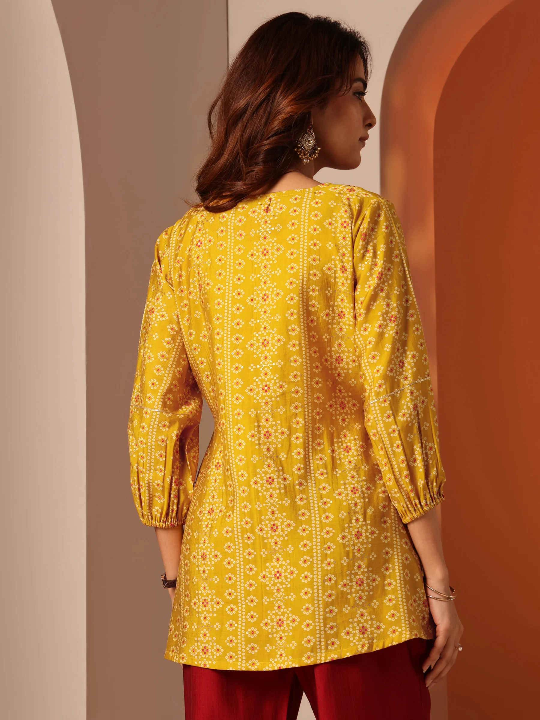 Mustard Printed Silk Blend Anarkali Short Kurti - Image 4
