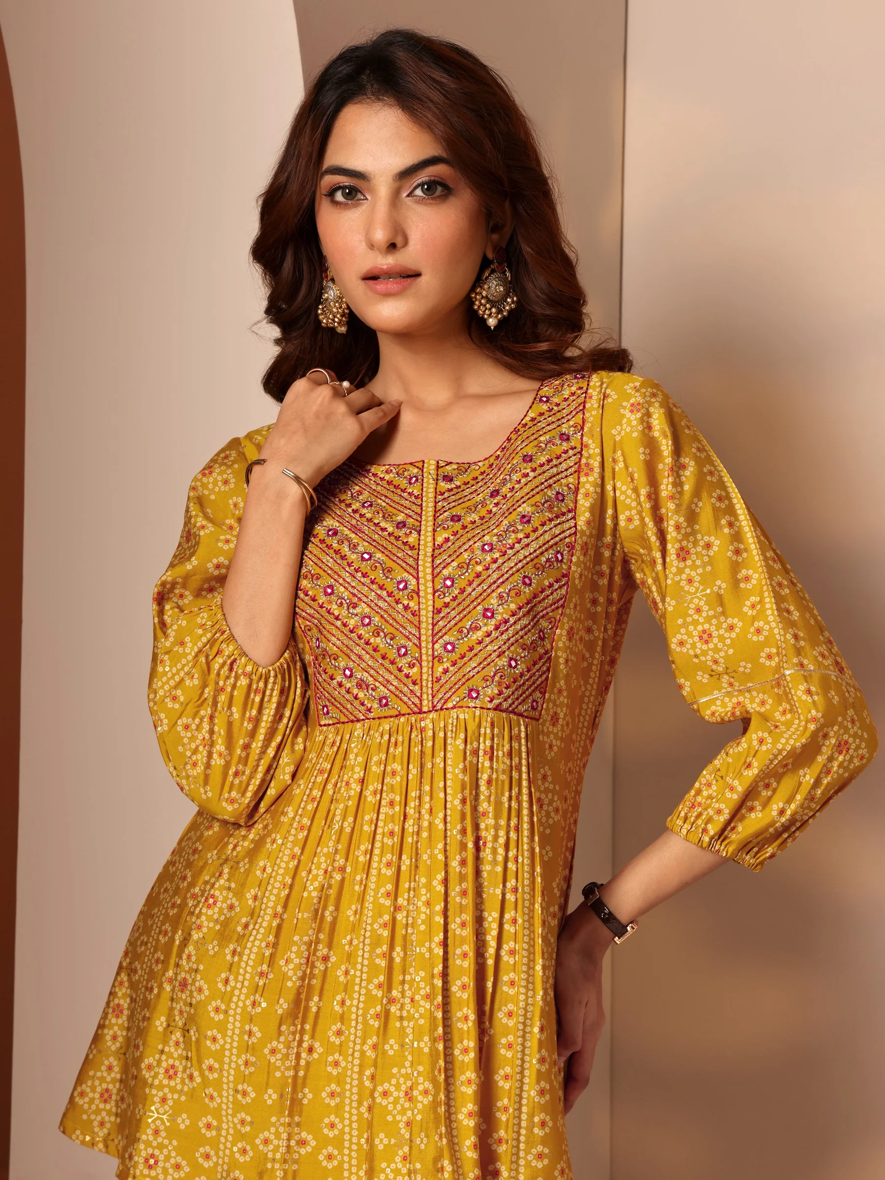 Mustard Printed Silk Blend Anarkali Short Kurti - Image 5