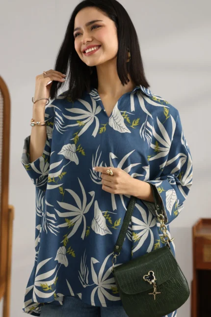 Blue Printed Cotton Straight Short Kurti