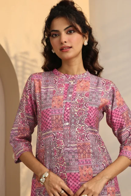 Peach Block Print Silk Blend Straight Short Kurti