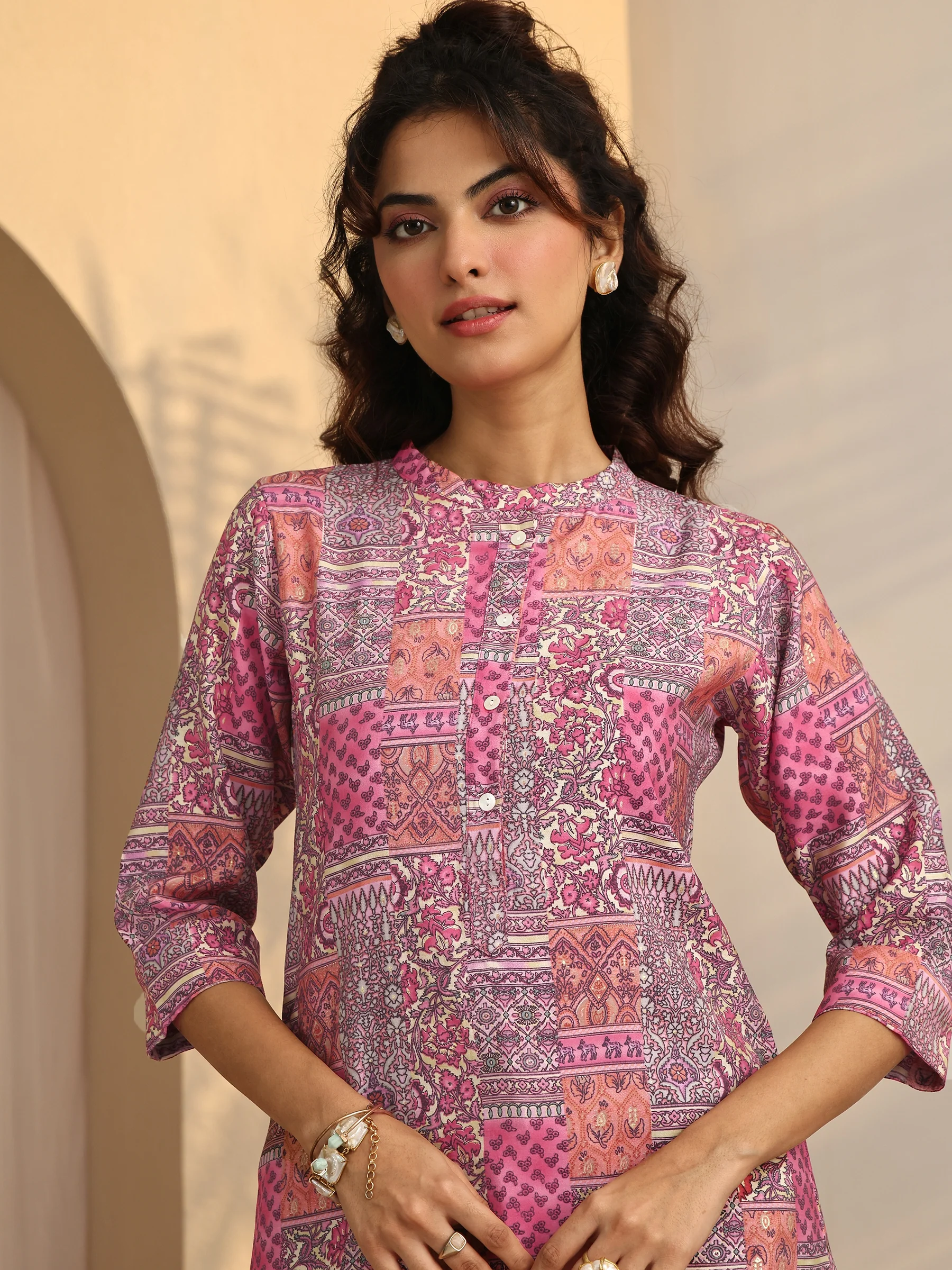 Peach Block Print Silk Blend Straight Short Kurti
