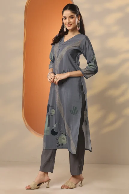 Grey Printed Silk Blend Straight Kurta