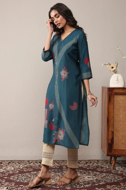 Blue Floral Printed Silk Blend Straight Kurta