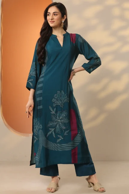 Blue Printed Silk Blend Straight Kurta