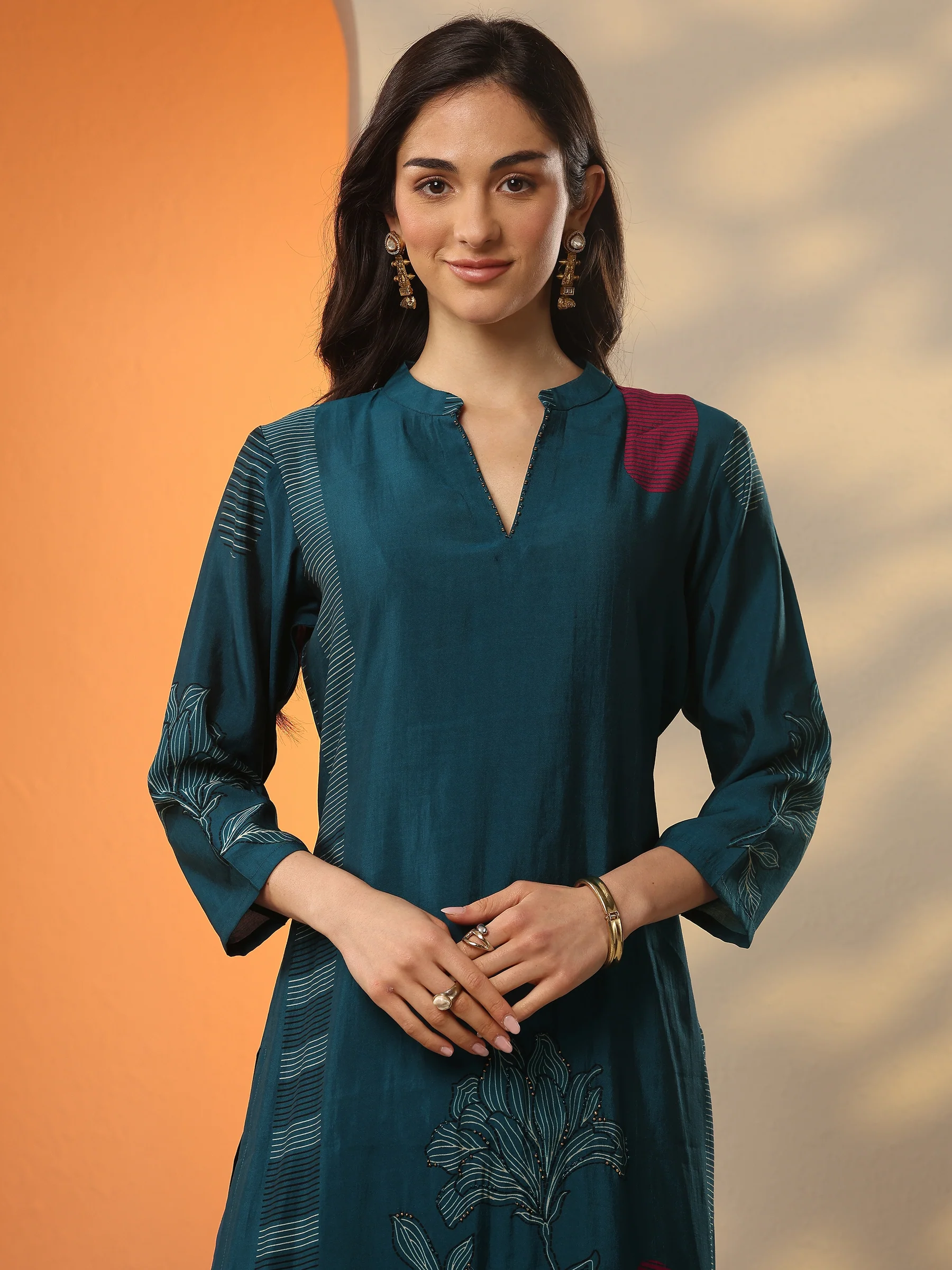 Blue Printed Silk Blend Straight Kurta - Image 5