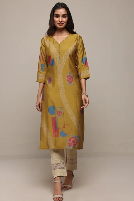 Mustard Floral Printed Silk Blend Straight Kurta