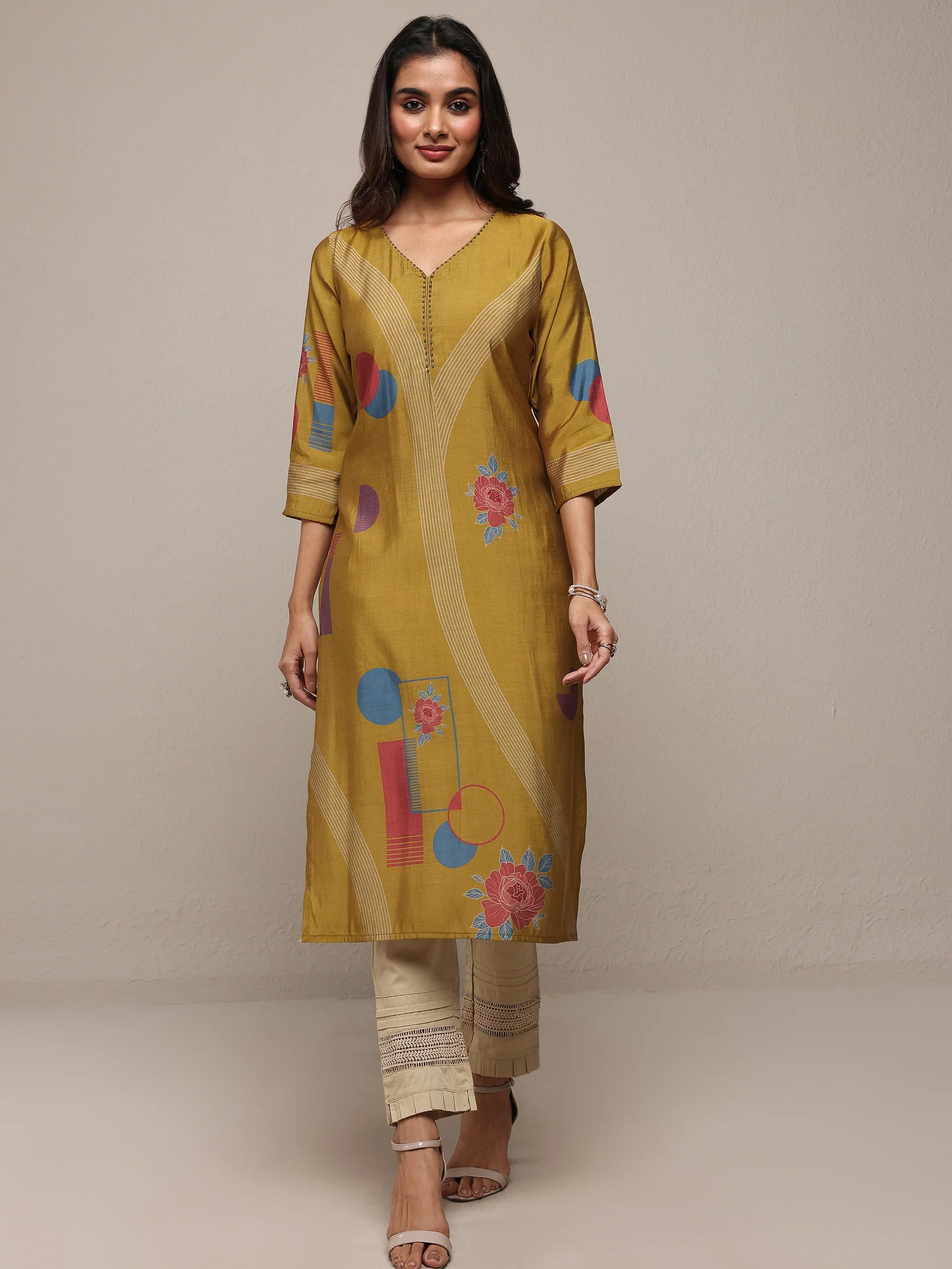 Mustard Floral Printed Silk Blend Straight Kurta