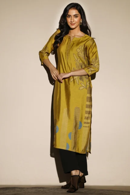 Mustard Printed Silk Blend Straight Kurta