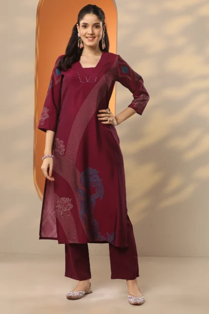 Burgundy Printed Silk Blend Straight Kurta