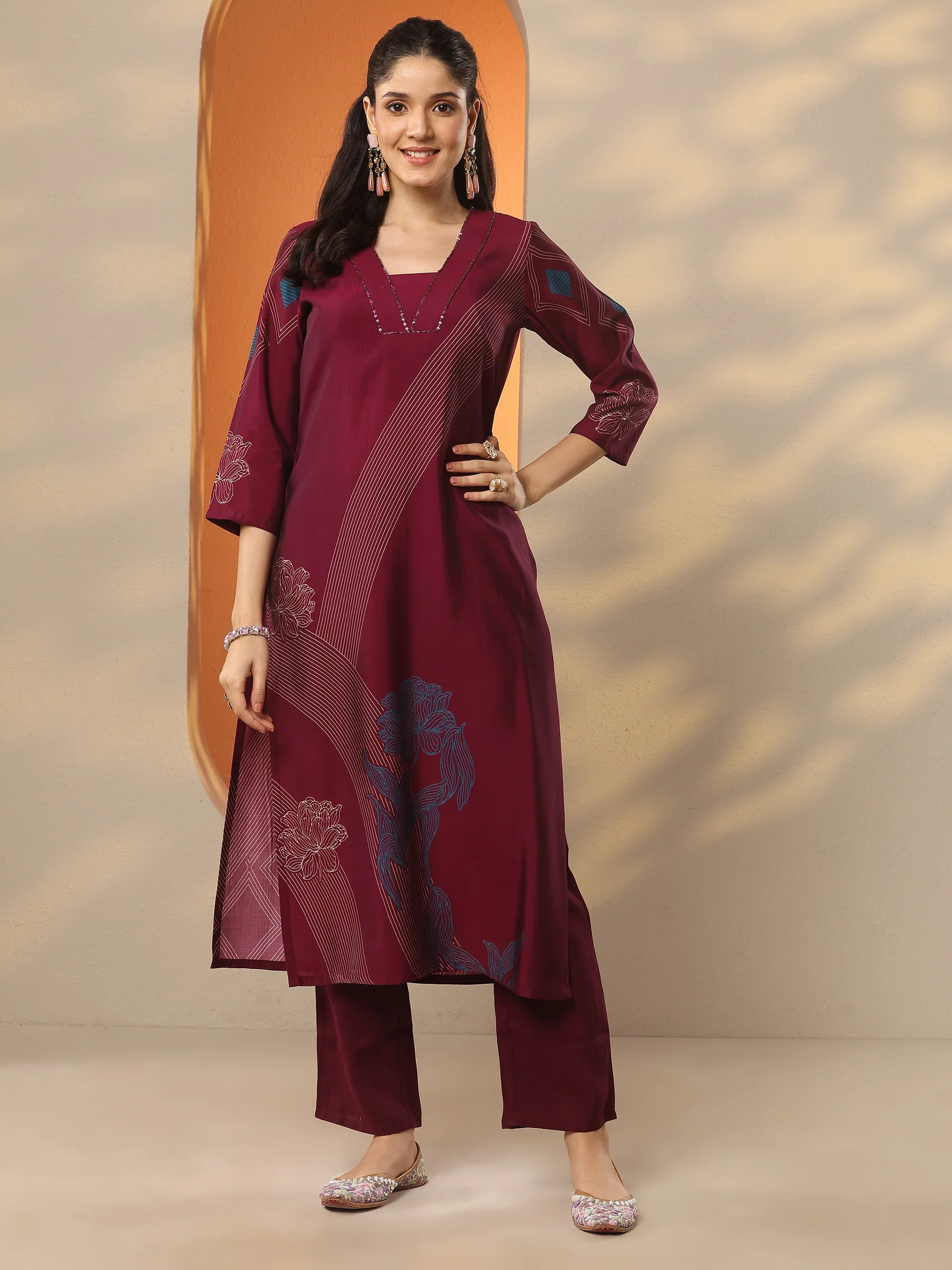 Burgundy Printed Silk Blend Straight Kurta
