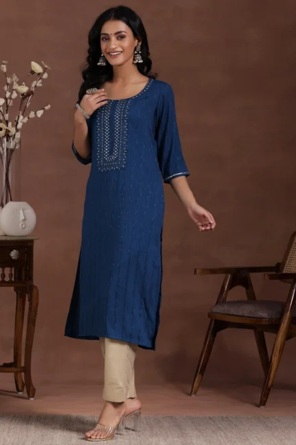 Blue Yoke Design Rayon Straight Kurta