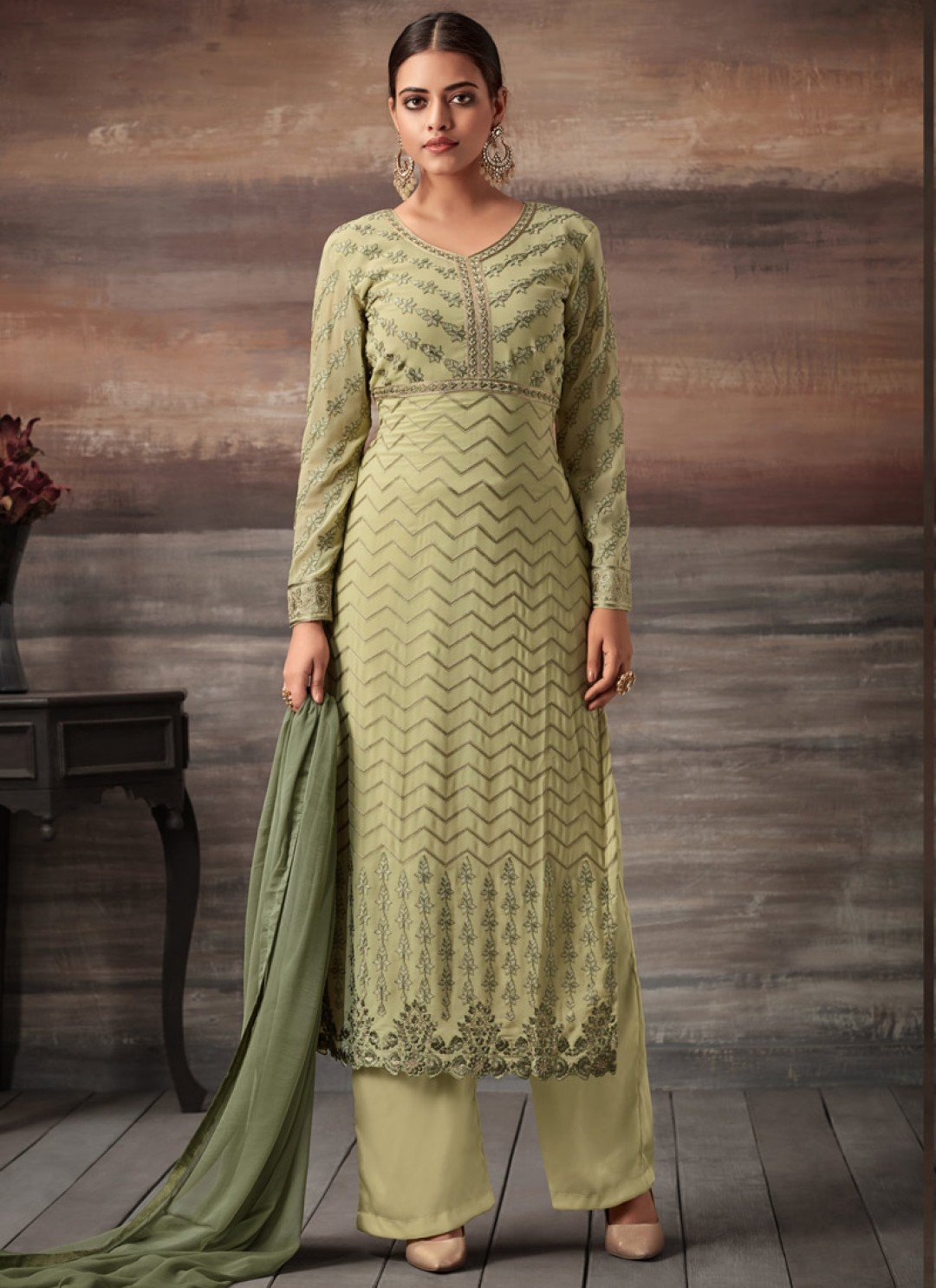 Beige Georgette Embroidered Straight Cut Suit Glamour