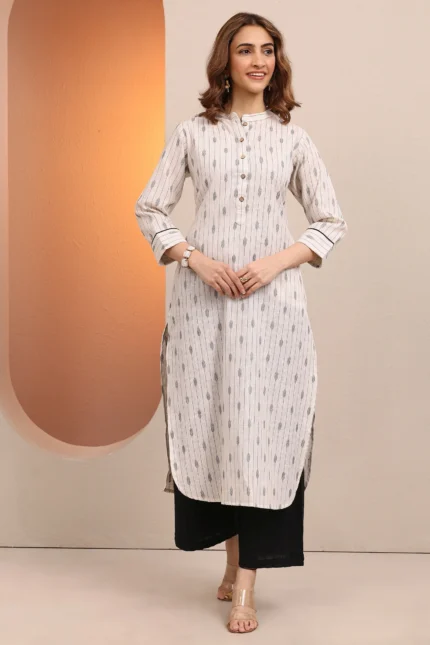Off White Printed Cotton Blend Straight Kurta