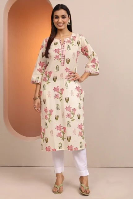 Off White Printed Cotton Straight Kurta