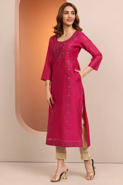 Pink Embroidered Chanderi Silk Straight Kurta