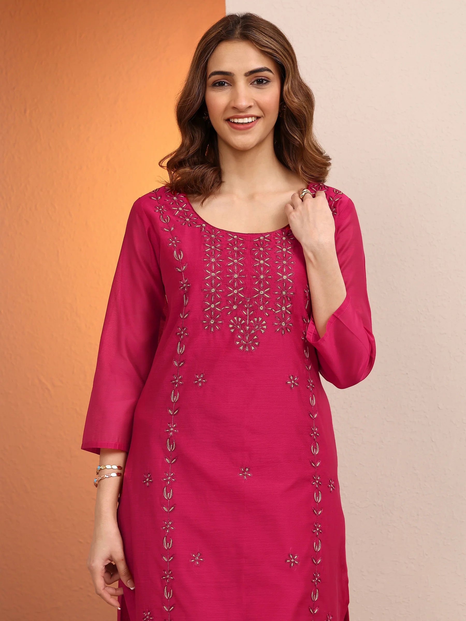 Pink Embroidered Chanderi Silk Straight Kurta - Image 5