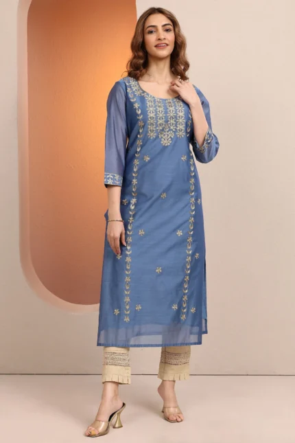 Blue Embroidered Chanderi Silk Straight Kurta