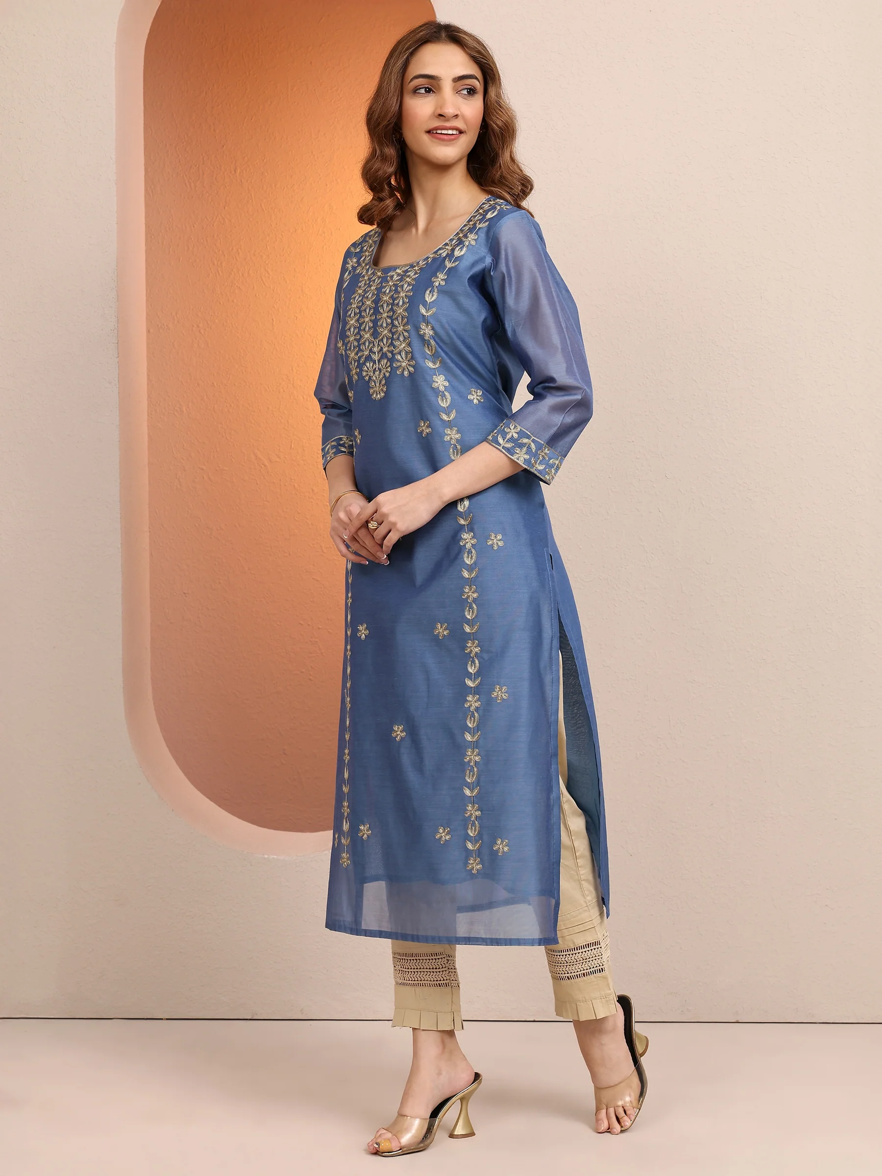 Blue Embroidered Chanderi Silk Straight Kurta - Image 3
