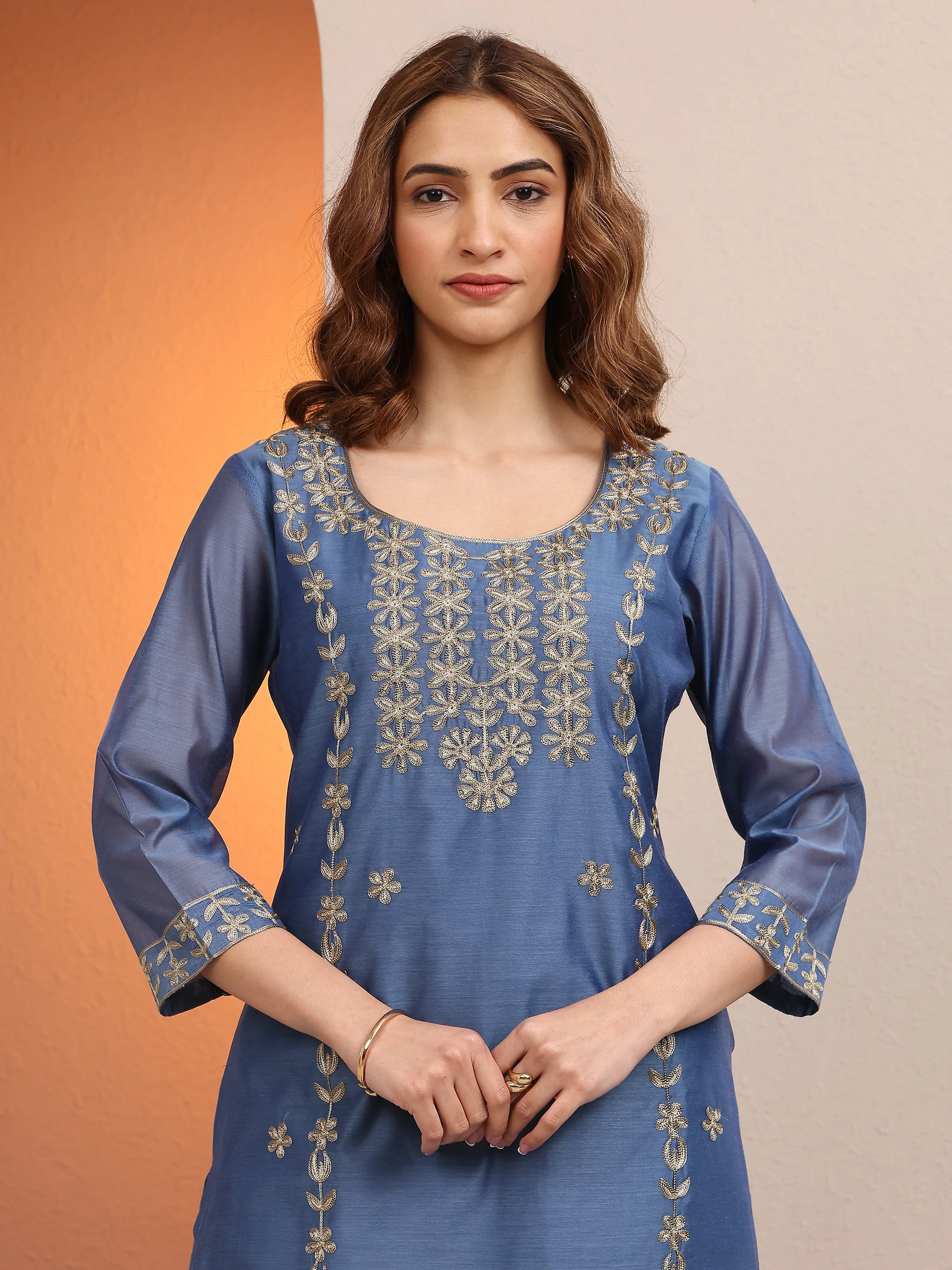 Blue Embroidered Chanderi Silk Straight Kurta - Image 5