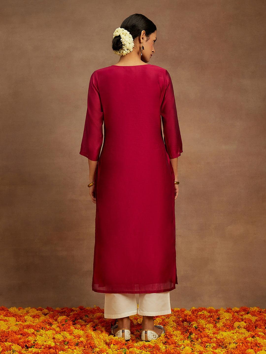 Hot Pink Embroidered Chanderi Silk Straight Kurta - Image 4