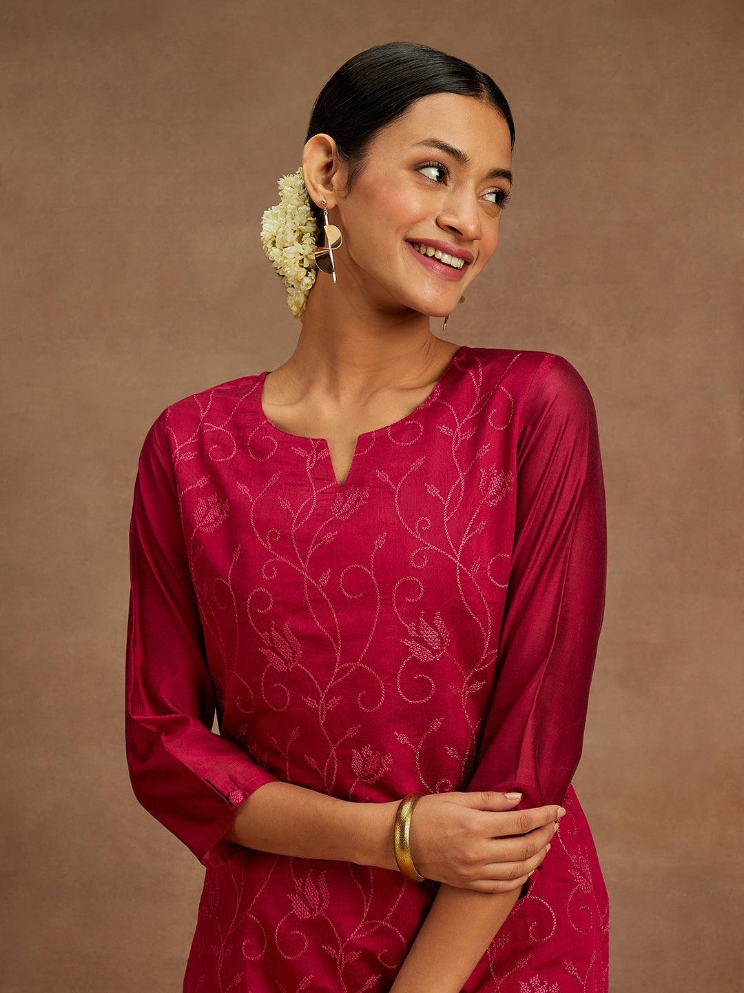 Hot Pink Embroidered Chanderi Silk Straight Kurta - Image 5