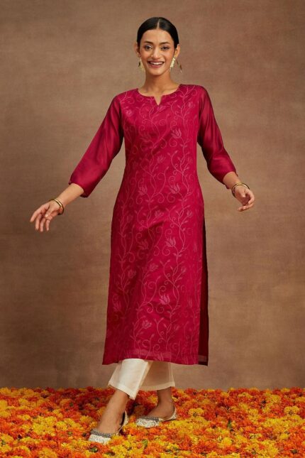 Hot Pink Embroidered Chanderi Silk Straight Kurta