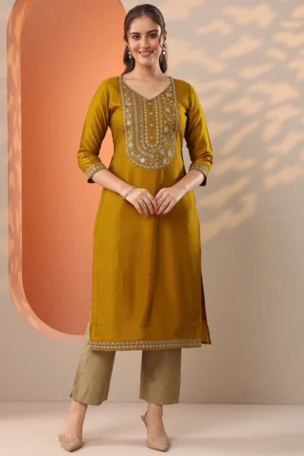 Mustard Embroidered Silk Blend Straight Kurta