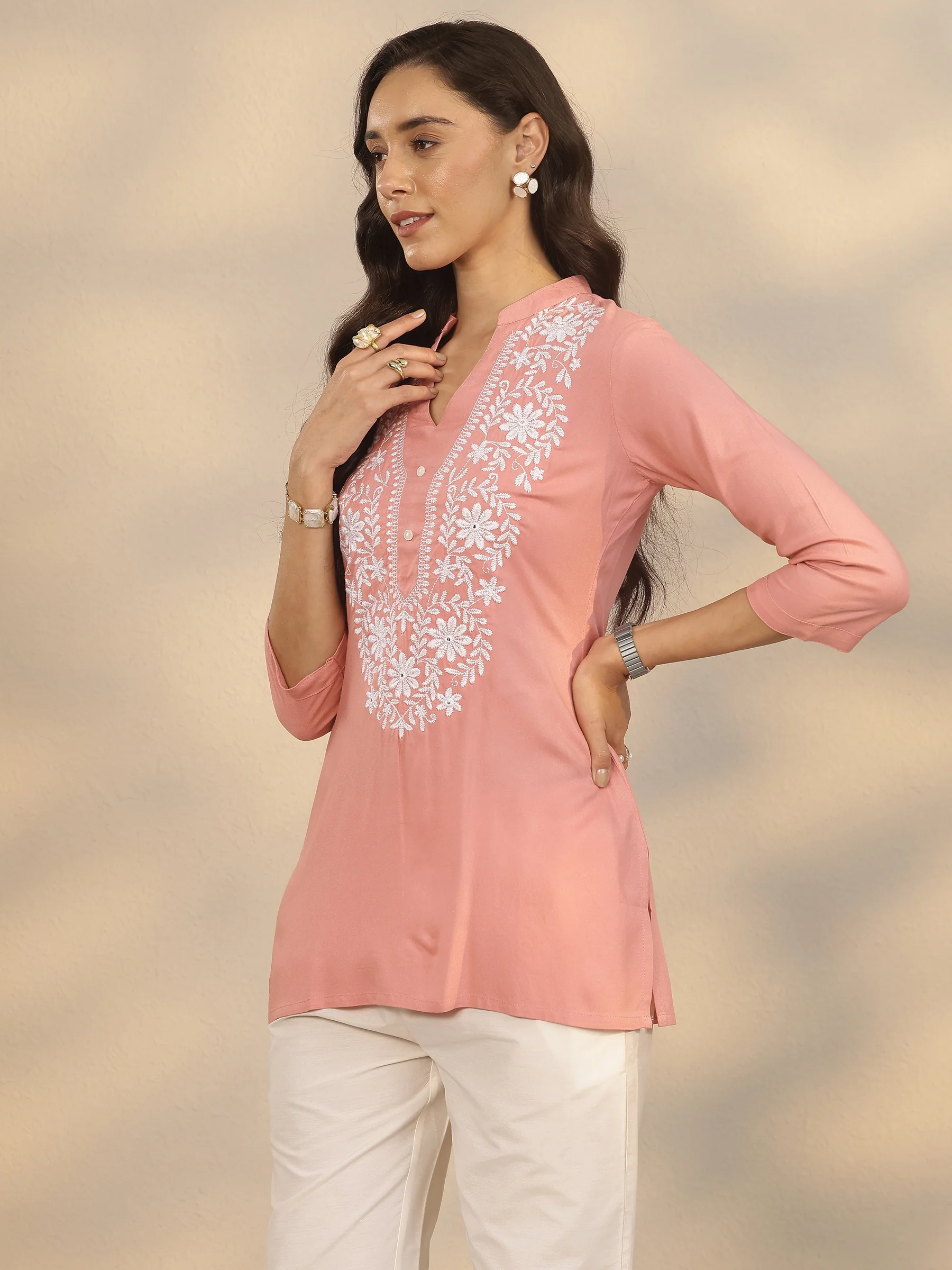 Mandarin Collar Yoke Design Rayon Straight Short Kurti - Image 3