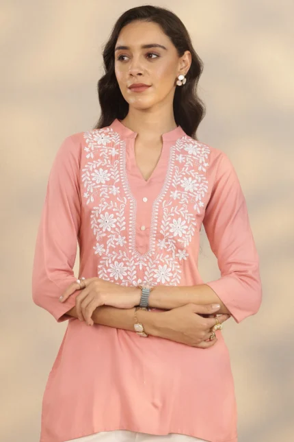 Peach Yoke Design Rayon Straight Short Kurti