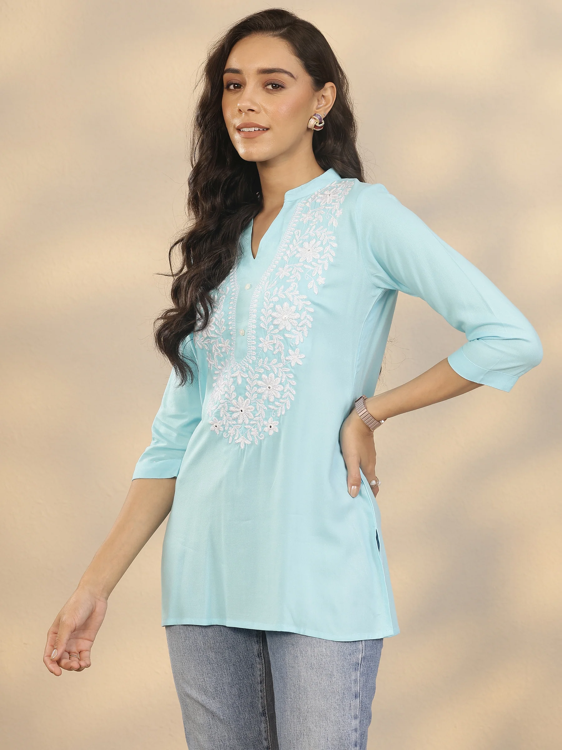 Mandarin Collar Yoke Design Rayon Straight Short Kurti - Image 12