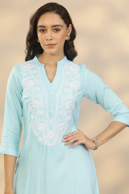 Blue Yoke Design Rayon Straight Short Kurti