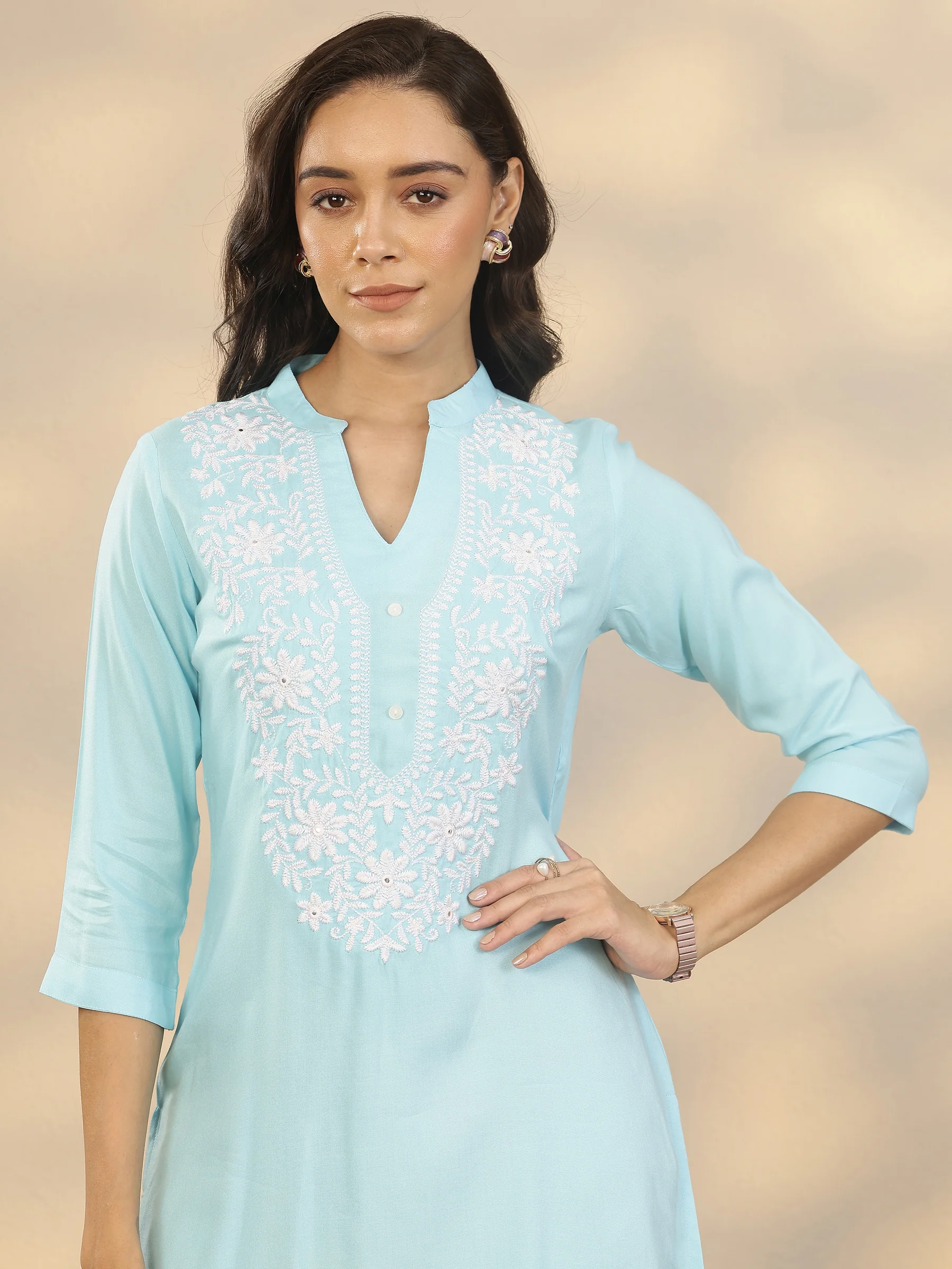 Mandarin Collar Yoke Design Rayon Straight Short Kurti - Image 10