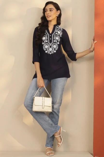 Navy Blue Yoke Design Rayon Straight Short Kurti