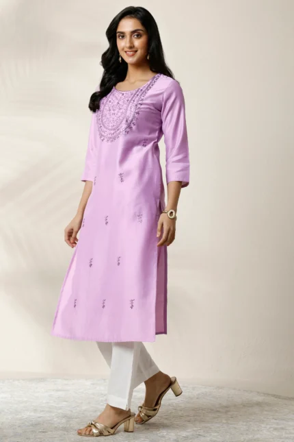 Lavender Embroidered Silk Blend Straight Kurta