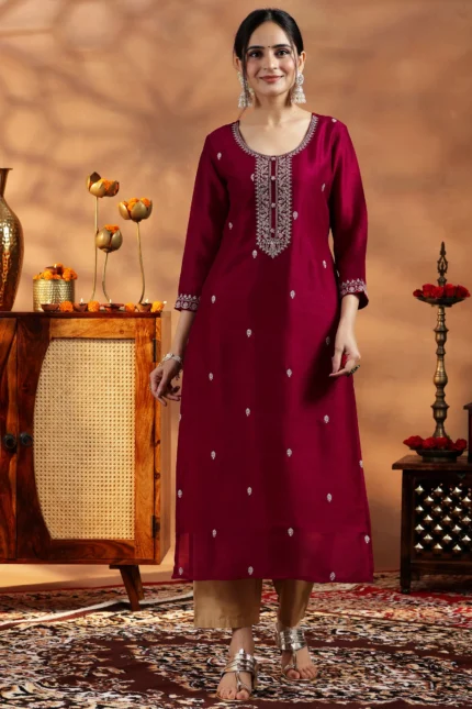 Maroon Embroidered Silk Straight Kurta