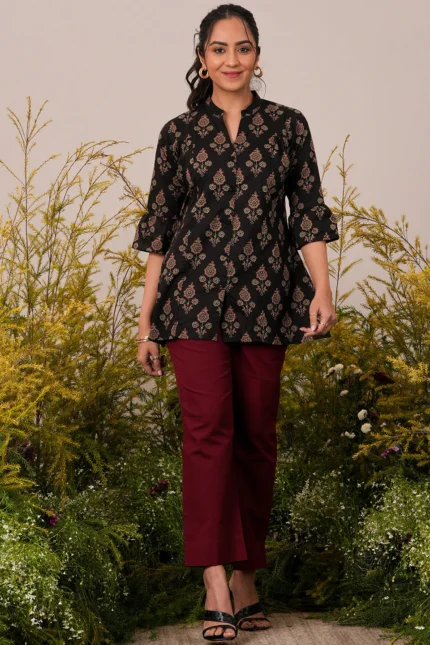 Black Printed Cotton A-Line Kurti