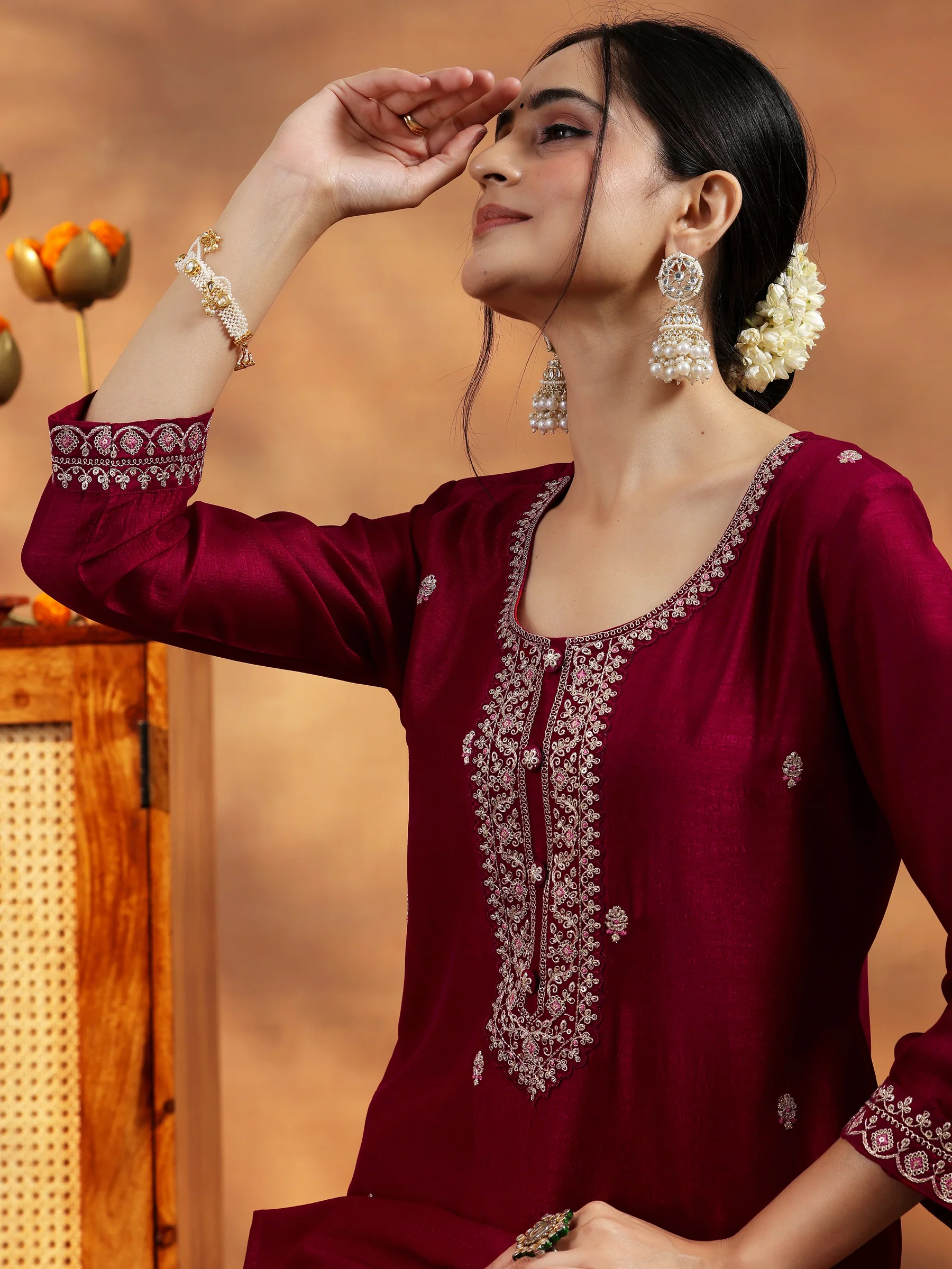 Maroon Embroidered Silk Straight Kurta - Image 7