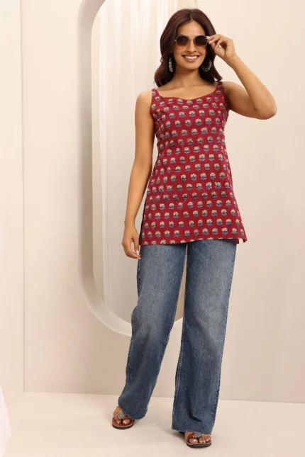 Red Printed Cotton Blend Straight Short Kurti