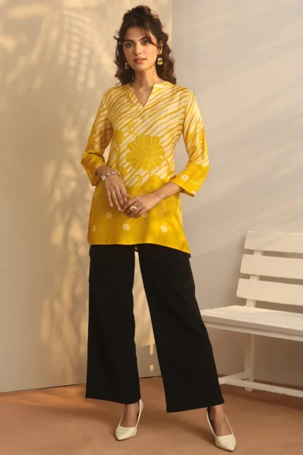 Mustard Printed Muslin Straight Short Kurti