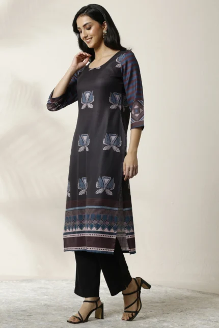 Black Printed Cotton Blend Straight Kurta